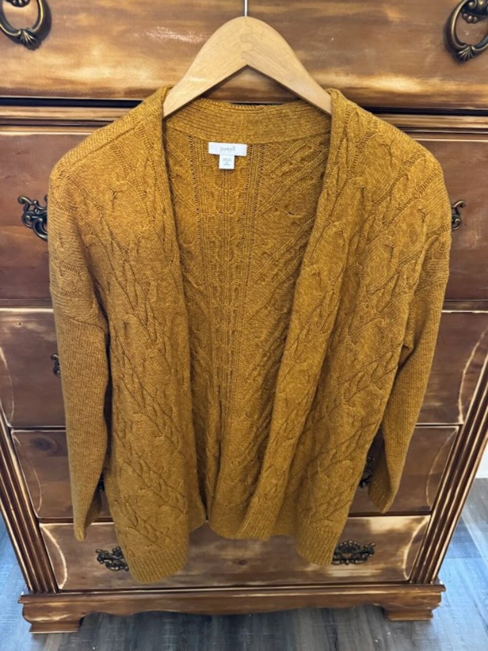 Pure Jill‎ Mustard Cable Knit Cardigan Open Front Cotton Blend Petite XS